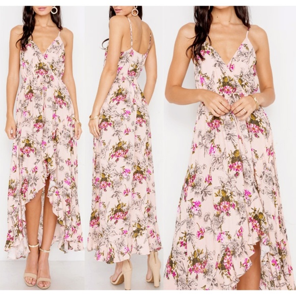 Saints & Secrets Dresses & Skirts - Nude Pink Floral V-Neck Ruffle Skirt Maxi Dress
